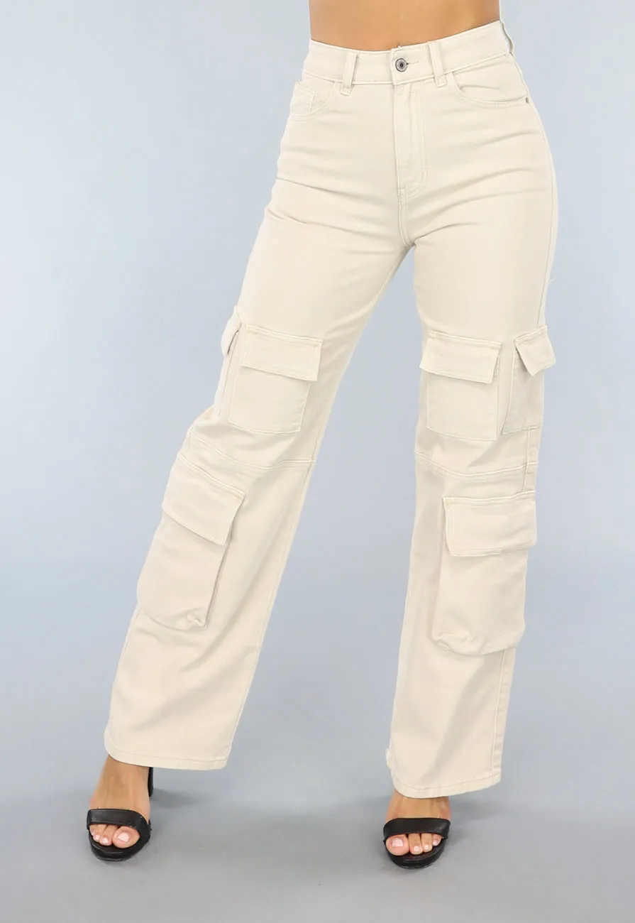 Beige Denim Cargo-Hose