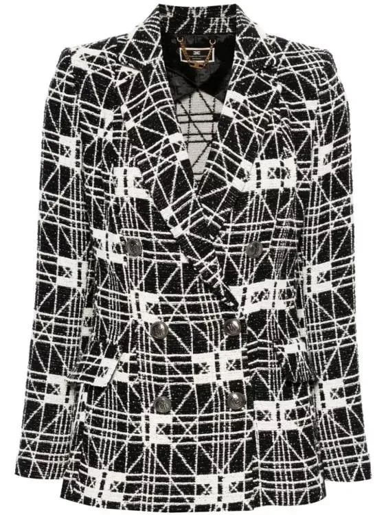   Elisabetta Franchi  Double-Breasted Jacquard Tweed Jacket Grey