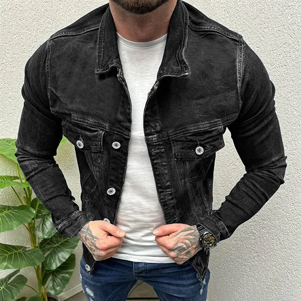 Herren Jeansjacke im Vintage-Stil mit Stehkragen, langen Ärmeln und Brusttaschen