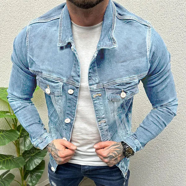 Herren Jeansjacke im Vintage-Stil mit Stehkragen, langen Ärmeln und Brusttaschen