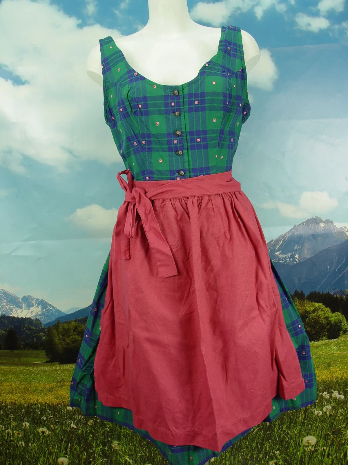 Kurz und sommerlich klasse Vintage Webmuster leichtes Dirndl und Schürze Gr.44