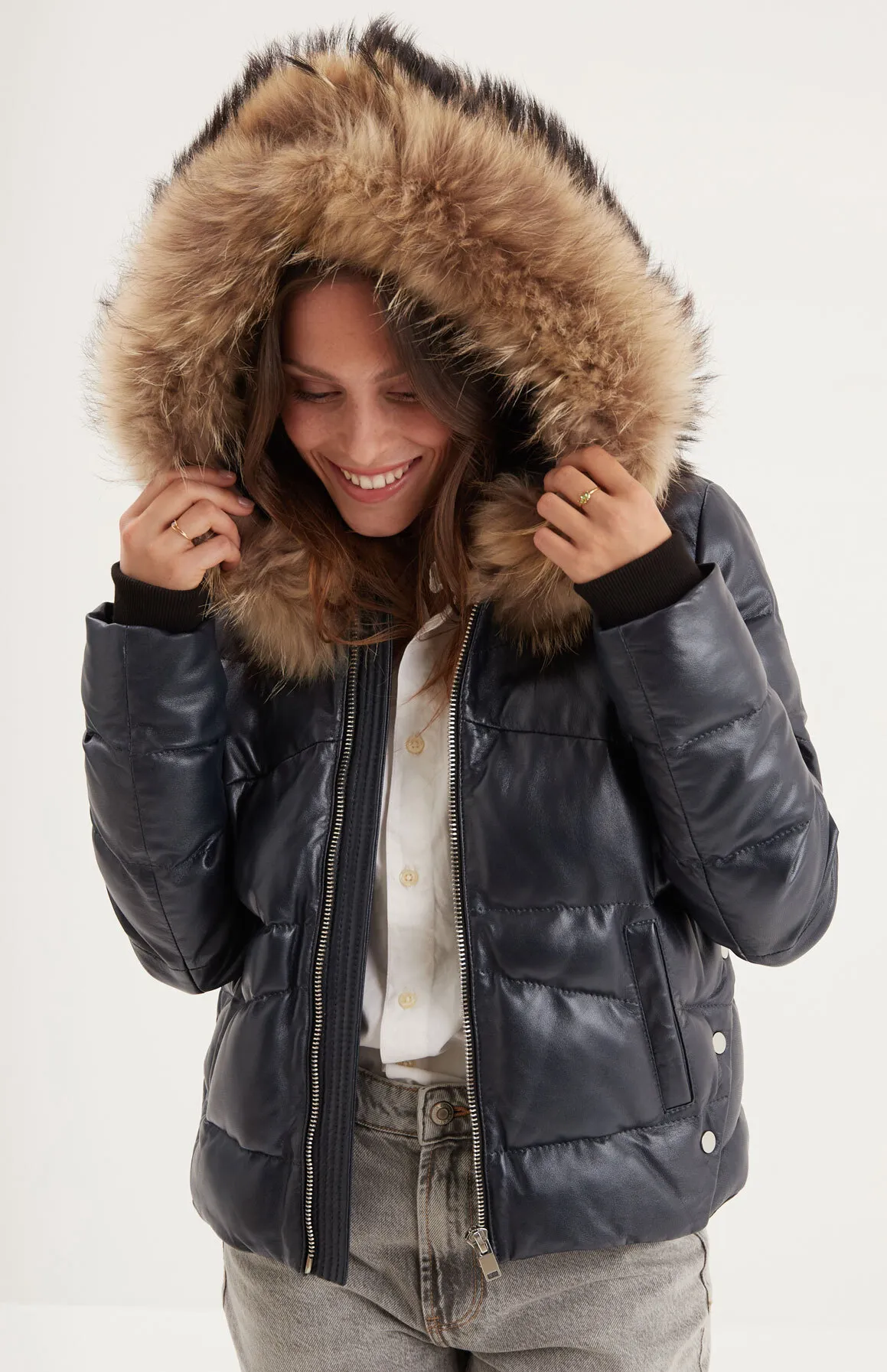 Marineblaue Daunenjacke aus Leder mit Kapuze fur Damen &quot;101629&quot;