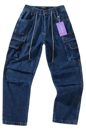 Weite, blaue, gerade geschnittene Cargo-Jeans im Jogging-Stil